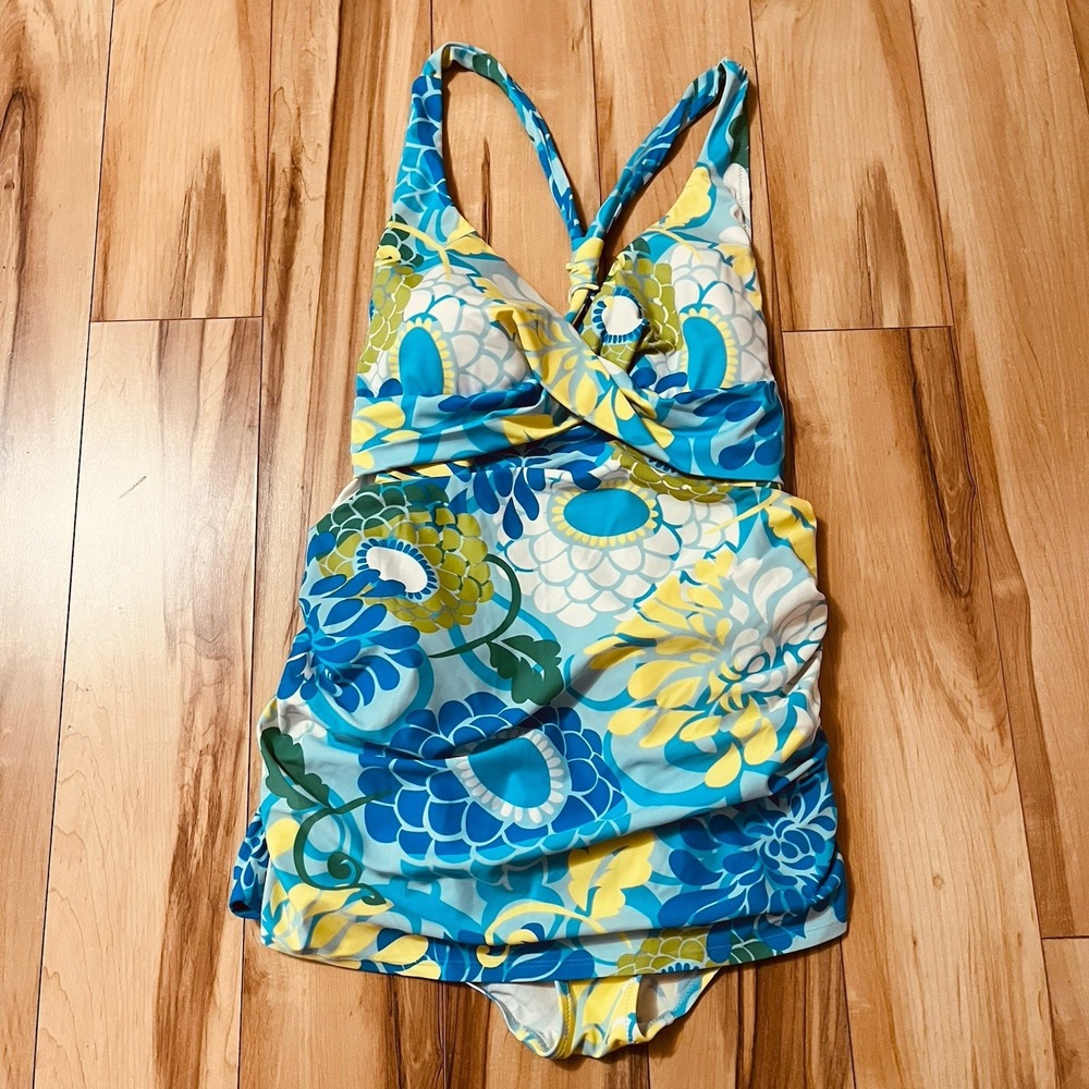 LL BEAN Ruched One Piece Skirted Swim Suit SLIMMING Women's Sz 18 Floral Green